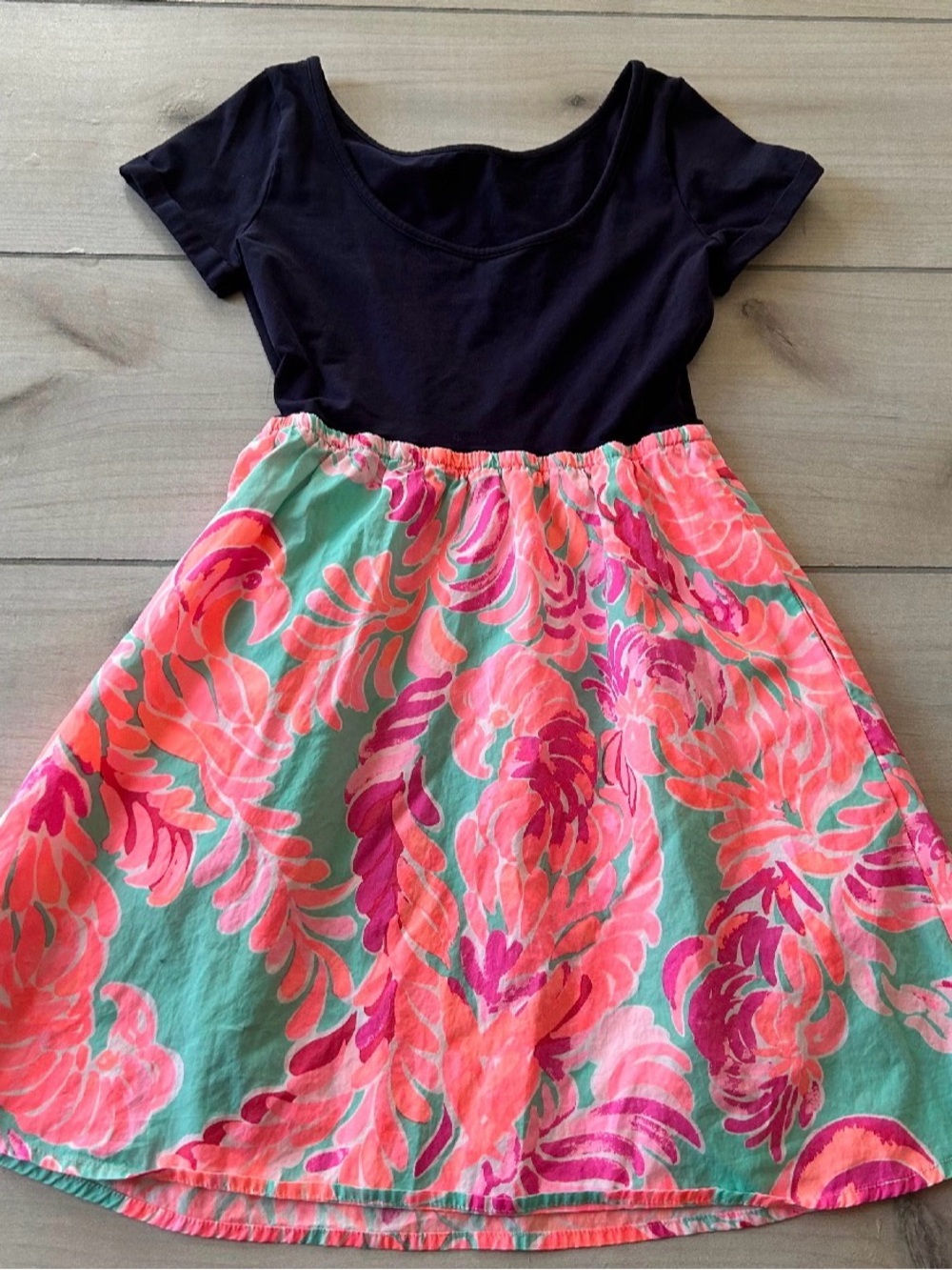 Lilly Pulitzer Navy Dress with Pink Coral & Aqua Floral Bottom